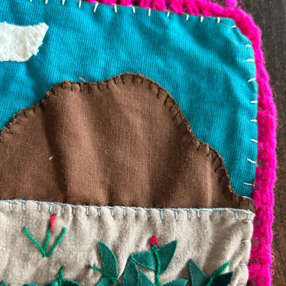 Vintage Handmade Peruvian Arpillera Folk Art Wall Hanging 3D Llama Village Fruit